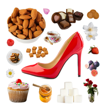 Collage of a red stiletto high heel shoe and a number of foods and flowers, like almonds, chocolate, honey, tea, and jasmine.