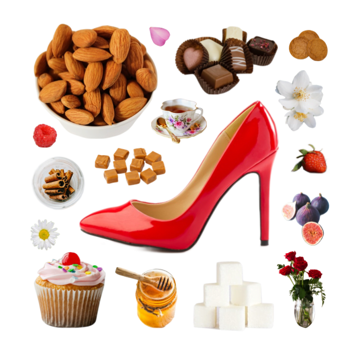 Collage of a red stiletto high heel shoe and a number of foods and flowers, like almonds, chocolate, honey, tea, and jasmine.