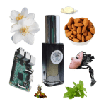 cyBorg Queen Extrait de Parfum by Aether Arts Perfume Review Collage of CyBorg Queen Extrait de Parfum by Aether Arts and its notes, including almond, jasmine, plastic, metal, and musk.