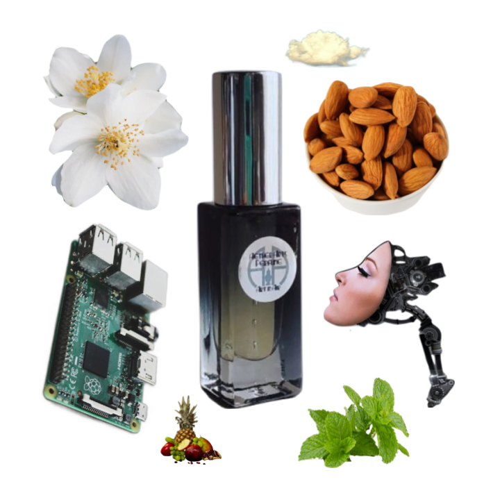 Collage of CyBorg Queen Extrait de Parfum by Aether Arts and its notes, including almond, jasmine, plastic, metal, and musk.