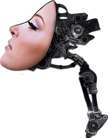 A woman's face with heavy makeup mounted on a black robot arm.