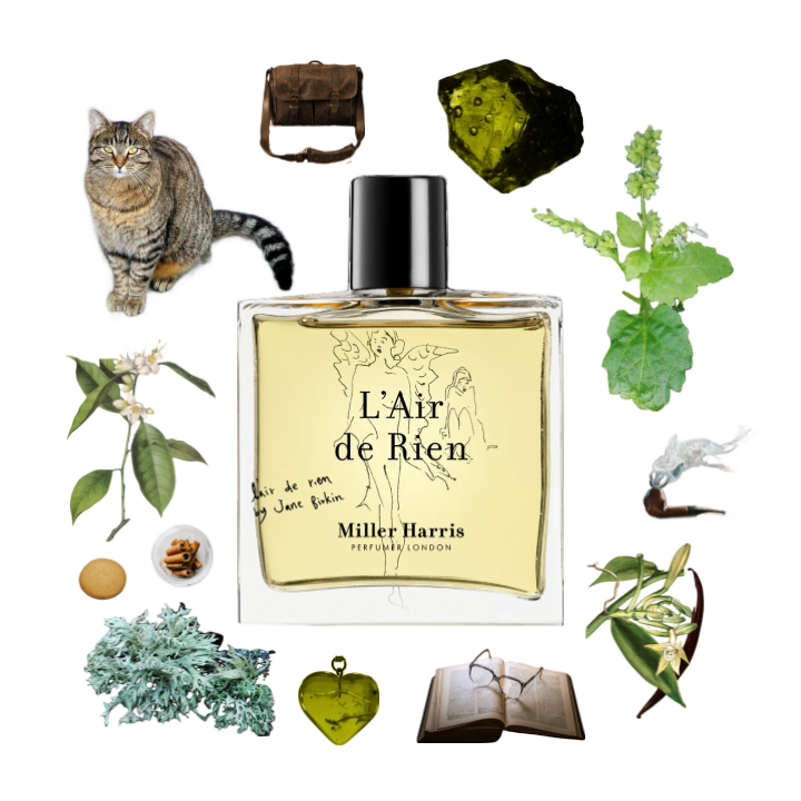 Collage of L'Air de Rien by Miller Harris and its notes, including neroli, patchouli, oakmoss, vanilla, amber, and musk.