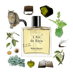 L'Air de Rien Eau de Parfum by Miller Harris Review Collage of L'Air de Rien by Miller Harris and its notes, including neroli, patchouli, oakmoss, vanilla, amber, and musk.