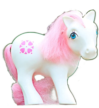 A white plastic toy shaped like a pony with pink hair and a pink mark with four hearts.