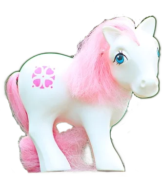 A white plastic toy shaped like a pony with pink hair and a pink mark with four hearts.