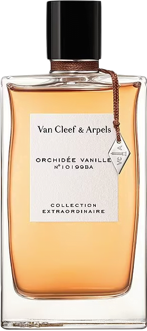 Tall glass rectangular bottle filled with pale orange colored Orchidee Vanille perfume by Van Cleef & Arpels with a black cap.