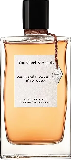 Tall glass rectangular bottle filled with pale orange colored Orchidee Vanille perfume by Van Cleef & Arpels with a black cap.