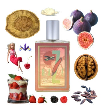 Collage of Imaginary Authors' Yesterday Haze and its notes, including figs, fruit, wood, tonka bean, iris, and walnuts.